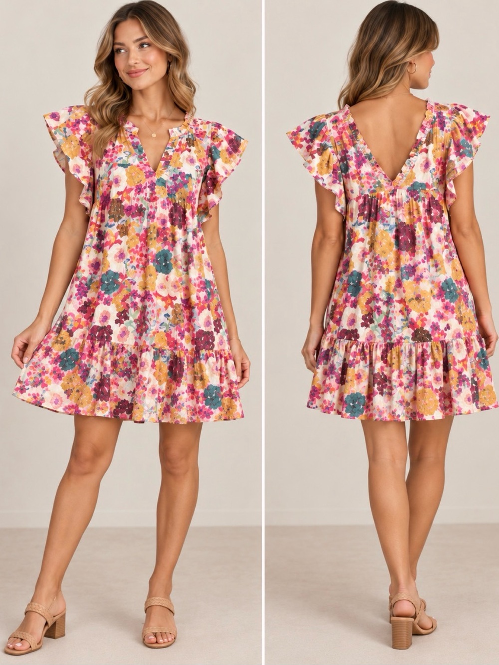Floral V-Neck Ruffle Sleeve Swing Dress - Pink Multi